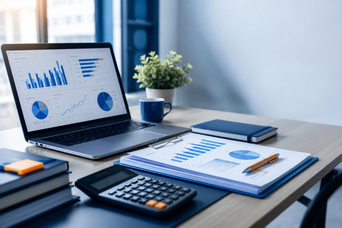 Laptop displaying financial charts next to a calculator and bookkeeping reports on a desk